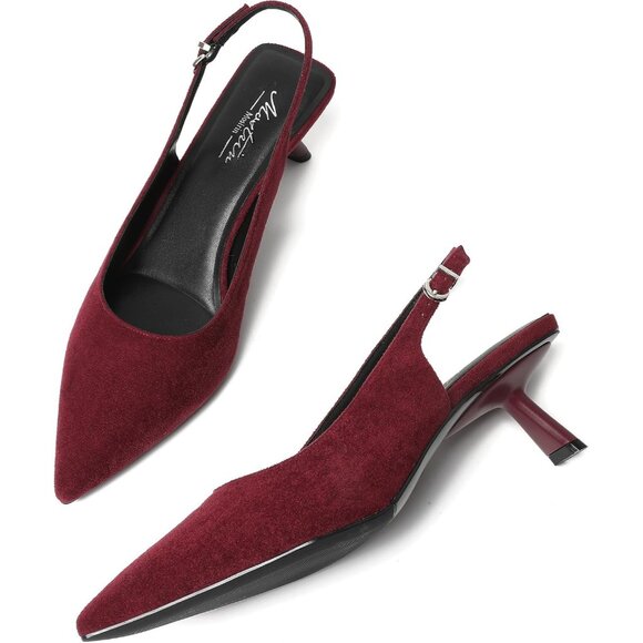 Mostrin Kitten Heels Burgundy Suede Low Slingback Heels with Buckle Dress Shoes - Picture 8 of 9